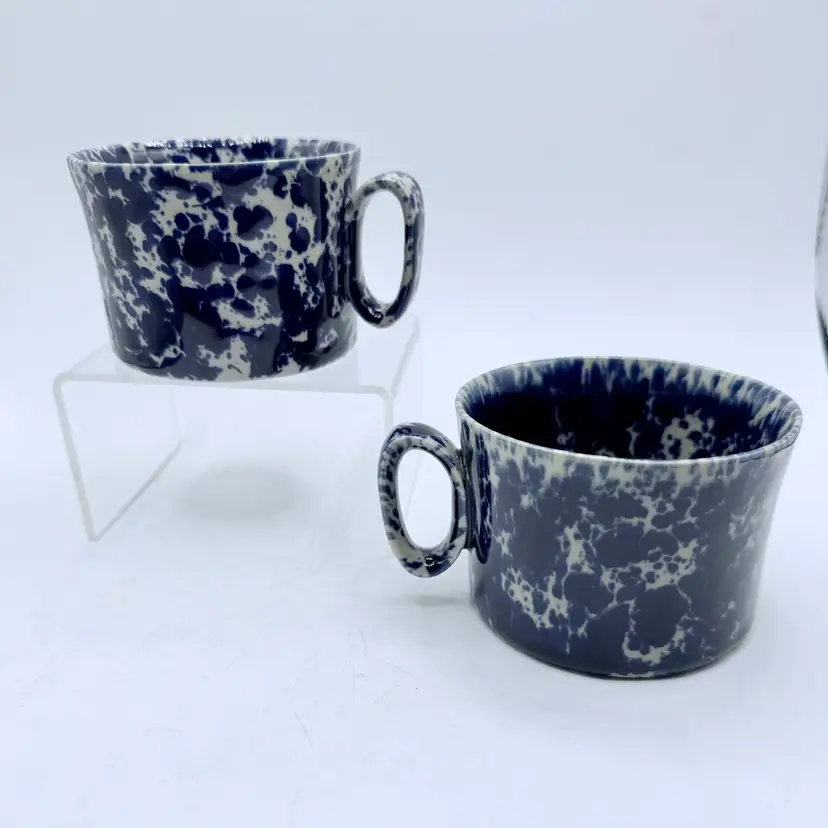 2 Bennington Potters 1626 Blue Agate Flat Cup Coffee Mugs Vermont Pottery MCM