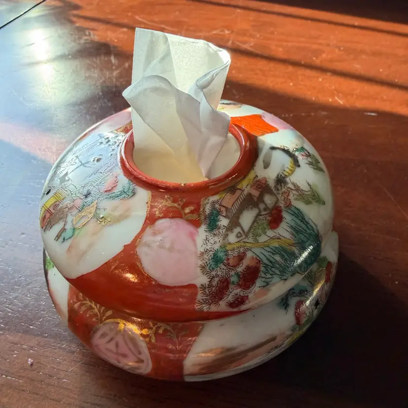 Antique hand-painted Japanese porcelain hair receiver with figures and gilt detailing.
