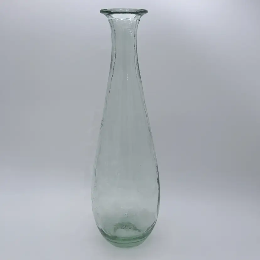 Large Recycled Clear Green Teardrop Flower Vase Tall Slender Tapered Neck 16”