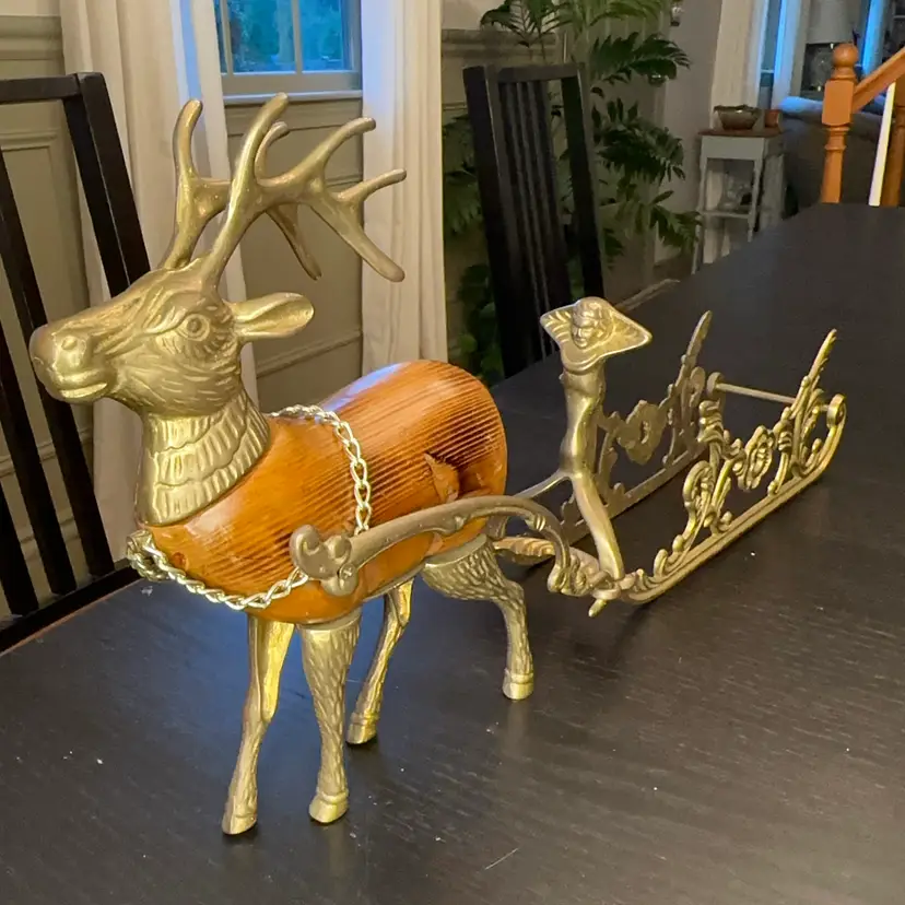🔔 Vintage Brass And Wood Reindeer And Sleigh 22”