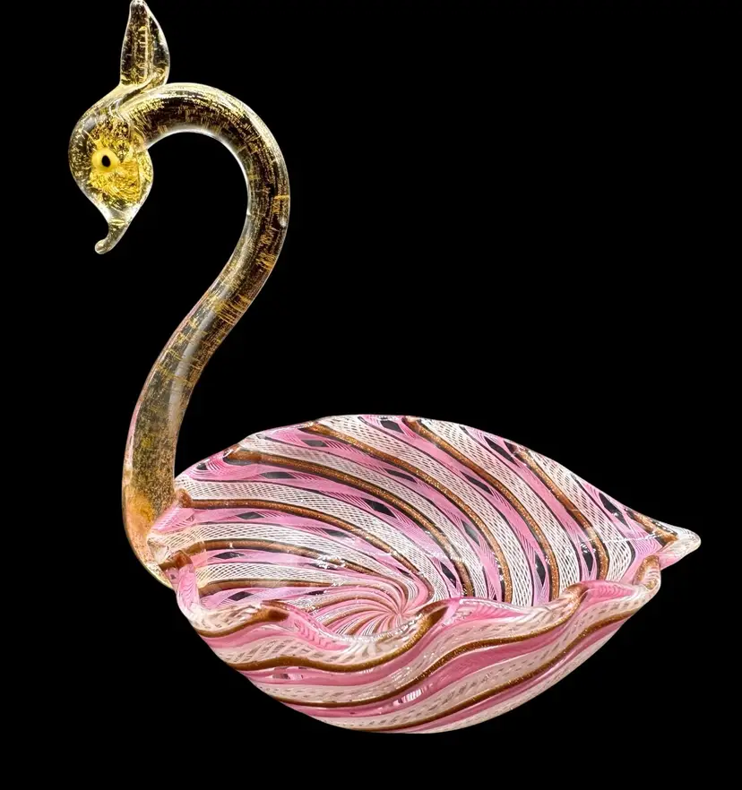 Fratelli Toso Murano Glass Swan Bowl Dish Latticino Pink White Gold Aventurine
