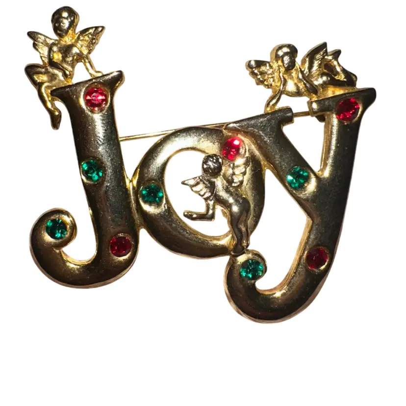 Gold Tone JOY Rhinestone Brooch