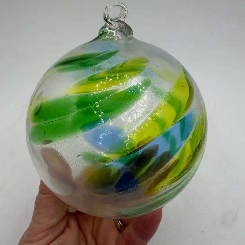 Hand Blown Art Glass Ball Ornament Suncatcher Green Blue Yellow Swirl