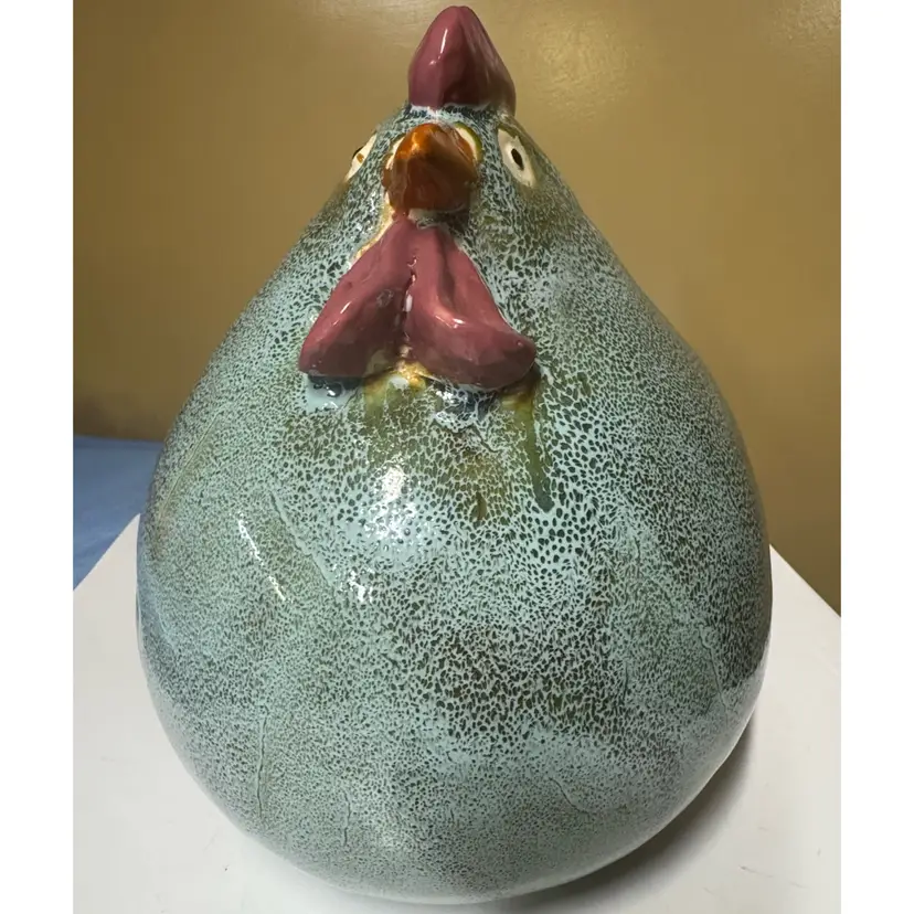 Plump Round Chubby Chicken / Hen Figurine 11” Farmhouse Decor Green Speckled