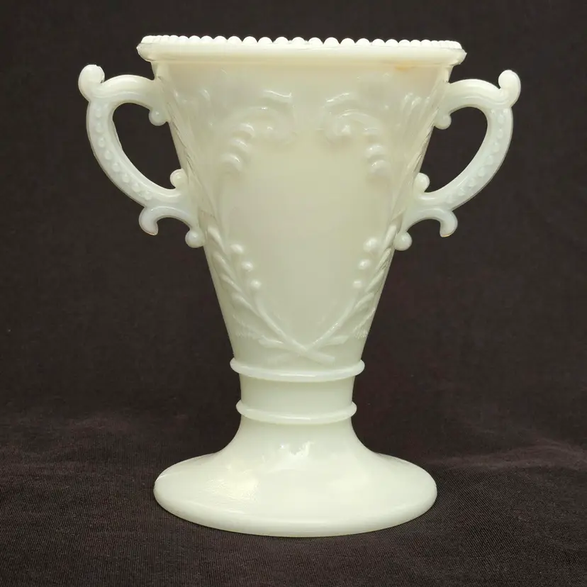 WESTMORELAND Candy Dish White Milk Glass Victorian Design wirh Trophy Handles 5" Tall