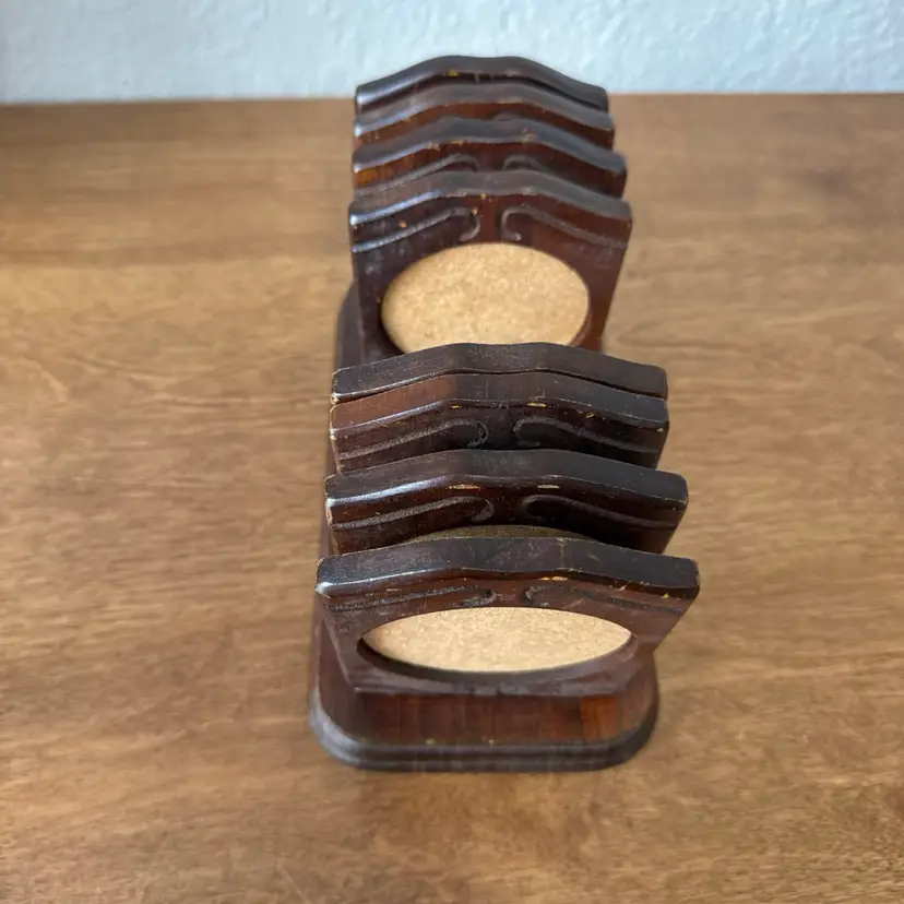 Vintage Japan 1950s Wooden 8 Coaster Set Stand Gail Craft Rare MCM Moody Barware