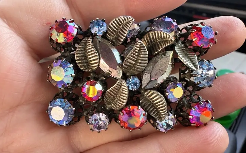 Vintage Austria AB Rhinestone LeafBrooch Aurora Borealis Statement Pin