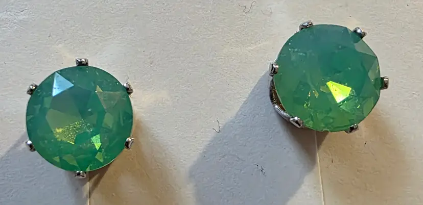 Pair of Round, Faceted Mint-Green Crystal or Glass Stud Earrings in Silver-toned Prong Settings