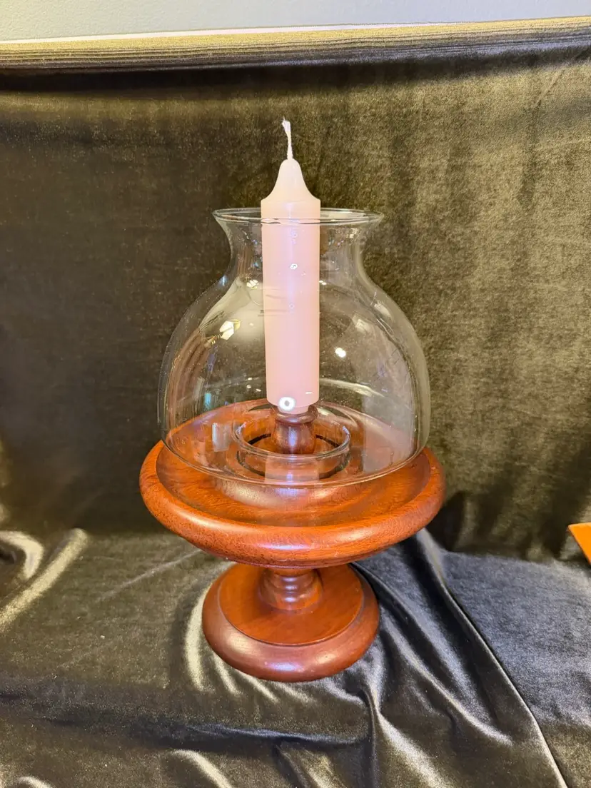 Vintage Mid-Century Modern Wooden Pedestal Hurricane Candle Lamp