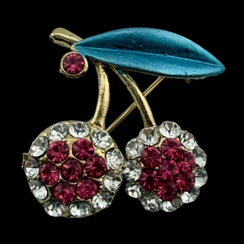 Cherry Rhinestone Brooch 1 1/2"