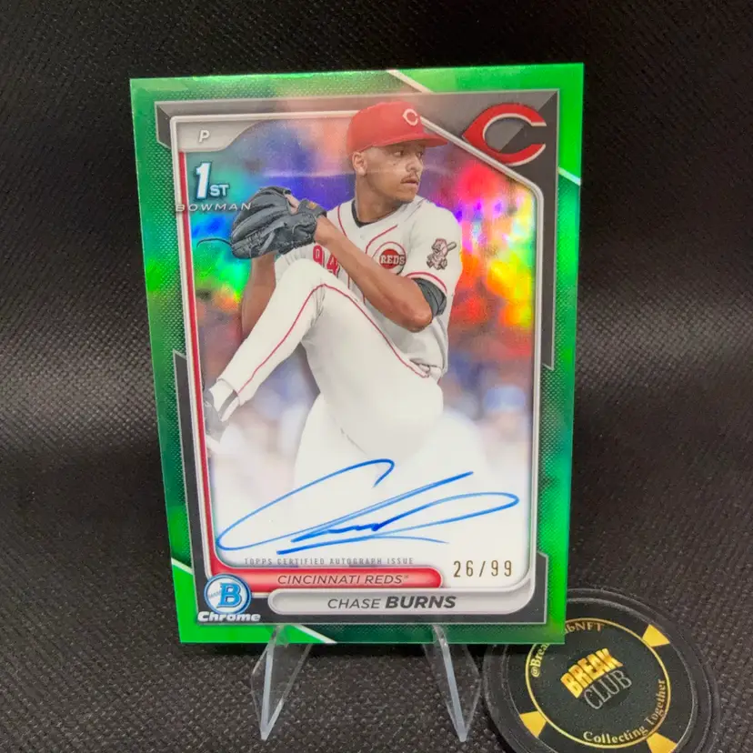 Chase Burns 2024 Bowman Draft 1st Green Refractor Auto 26/99 Cincinnati Reds (Jersey Match)
