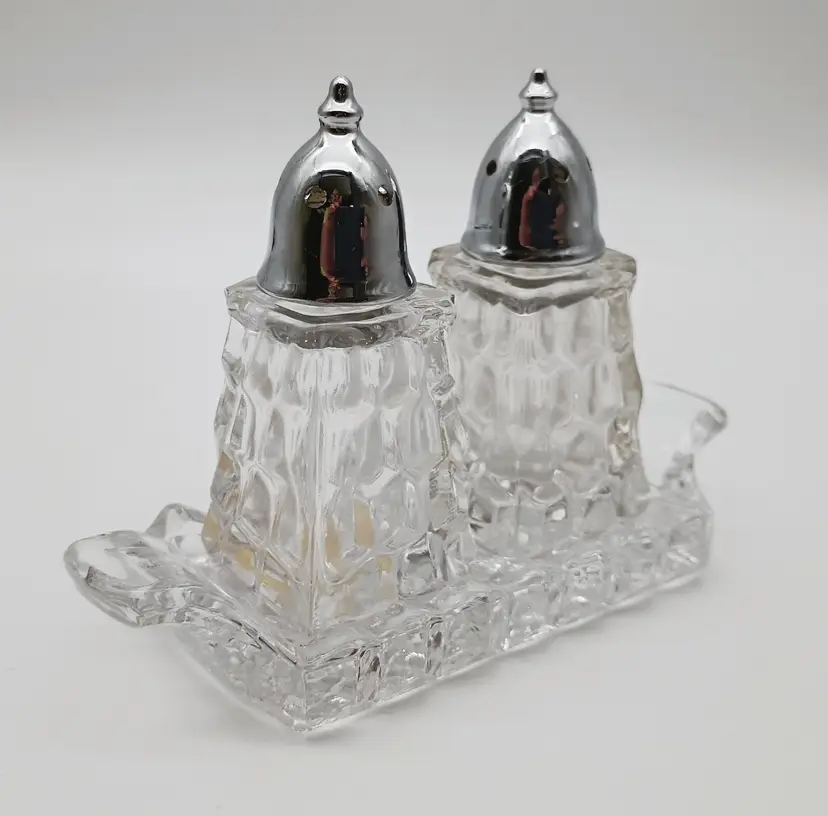 Fostoria Salt & Pepper Shakers w/Tray ~ Mini American ~ Chrome Tops ~ Org Label