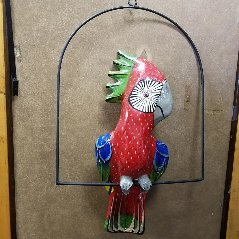 Vintage Mexican Folk Art Parrot Paper Mache Bird Sculpture Colorful Hanging Decor