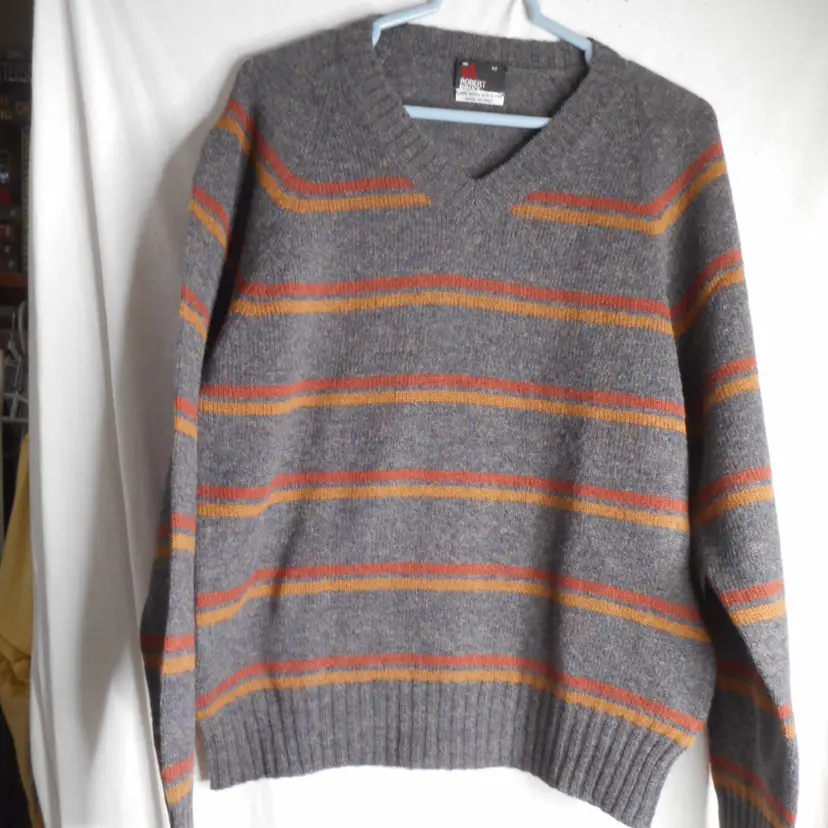 Robert Bruce Grey Striped 100% Shetland wool V-neck Sweater Sz M Made in Italy