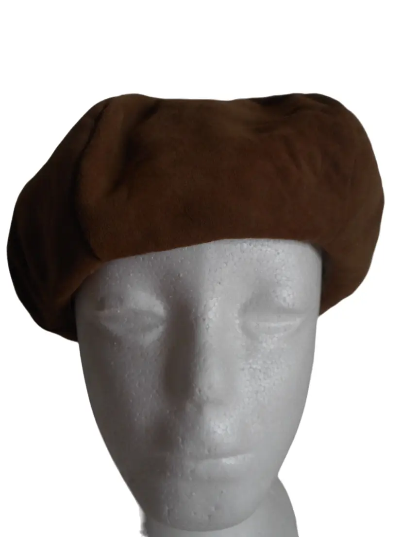 Brown Suede Leather Beret Hat One Size
