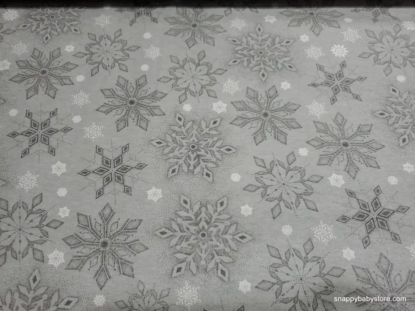 Gray Snowflakes on Gray Flannel Fabric Remnant - 100% Cotton - Choose Size - Soft Craft & Quilting Fabric