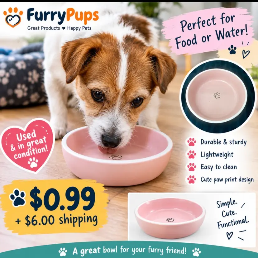 Pink Paw Print Ceramic Pet Bowl used