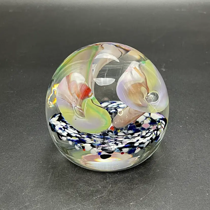Skruf Blown Art Glass Floral with Confetti Paperweight Original Label Signed VTG