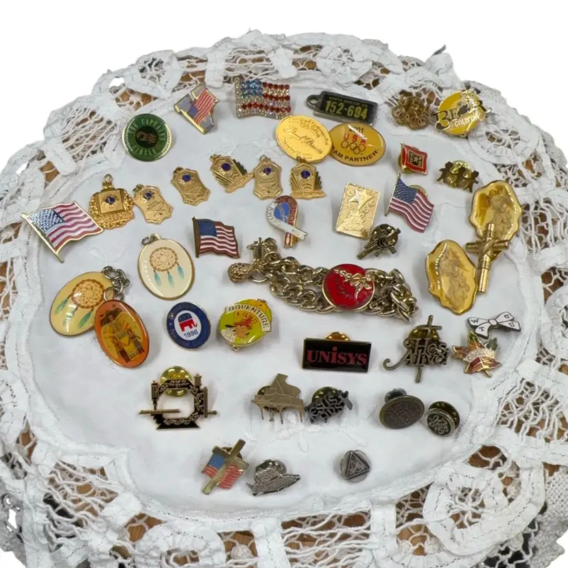 A Vintage Variety Of 43 Stickpins broaches, Button,And One Bangle Bracelet With Some Type Of Medical Tag And.