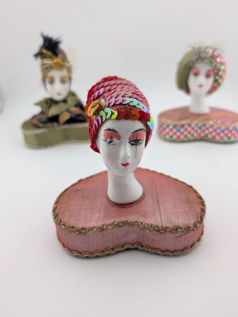 Set of 3 Vintage Harlequin Pierrot-Style Doll Busts with Heart Bases