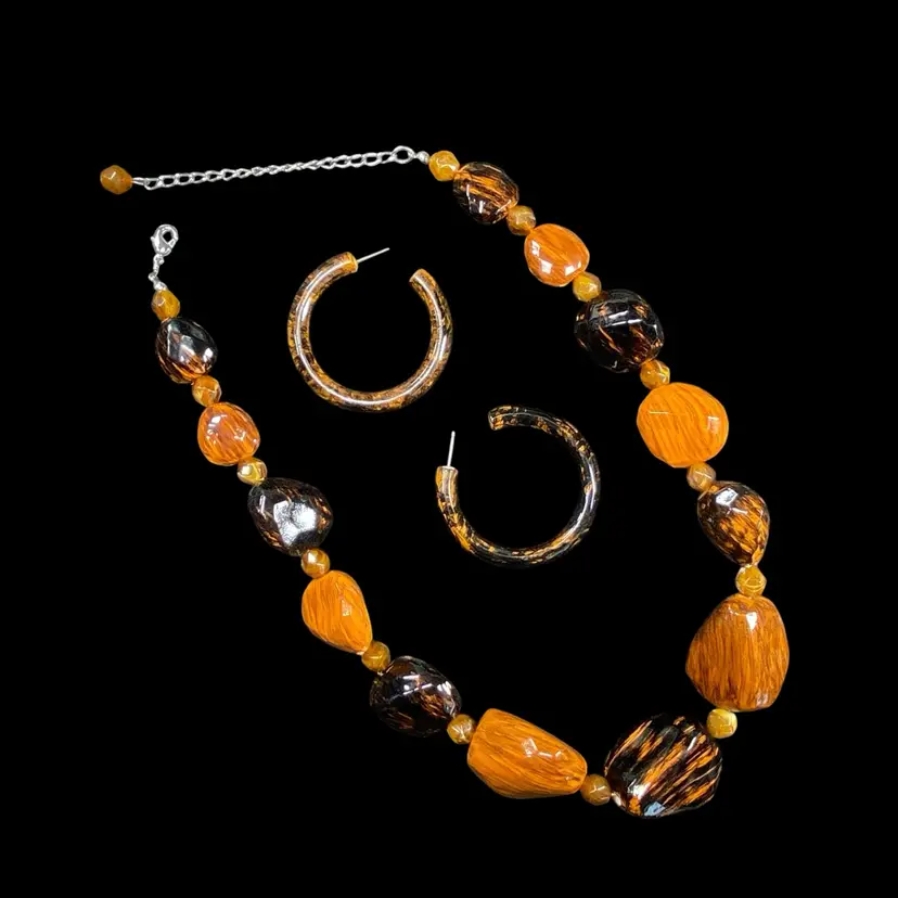 Chunky Faux Wood Beaded Necklace Earrings Set #07