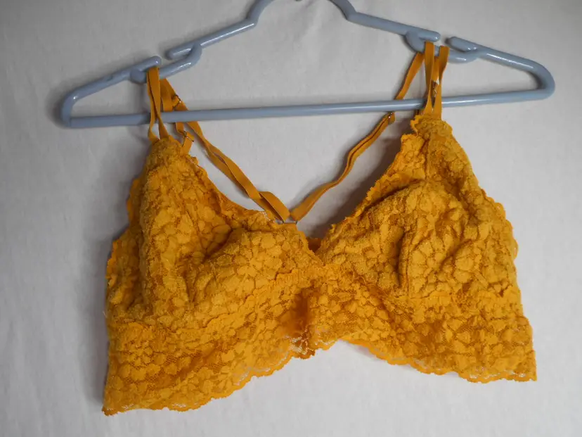 Aerie Bralette Womens Sz L Floral Lace Boho Strappy Mustard