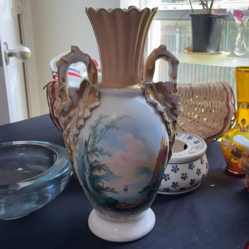 Antique HANDPAINTED Castle Over The Lake Scene Porcelain Vase