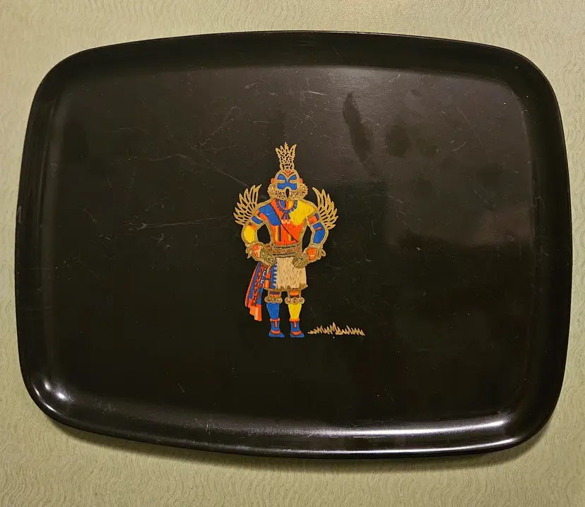 Couroc of Monterey Tray with Hummingbird Kachina Figure
