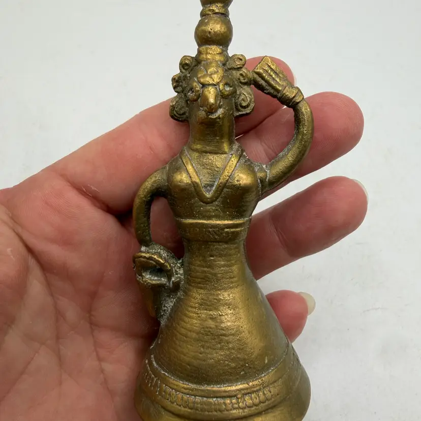 Vintage 4.25” Dhokra Bastar Art Brass Lady Bell - Indian Folk Art Figure