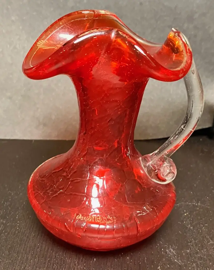 VTG Red Crackle Glass Mini Pitcher Vase Ruffled Rim Clear Applied Handle