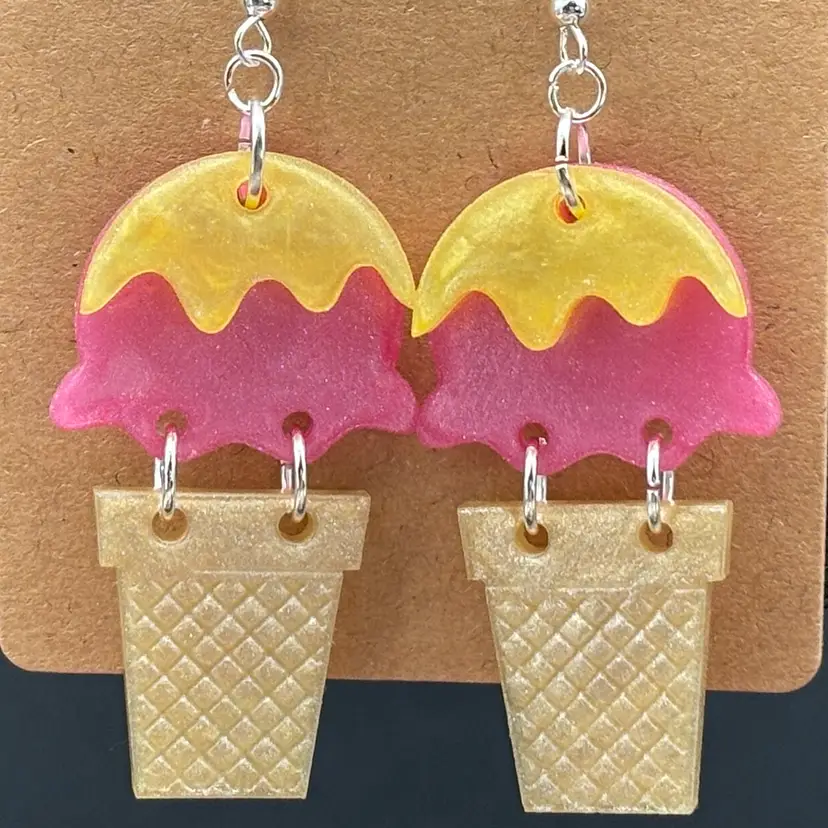 Strawberry With Lemon Sauce Ice Cream Cone Articulated Earrings - Made by Me