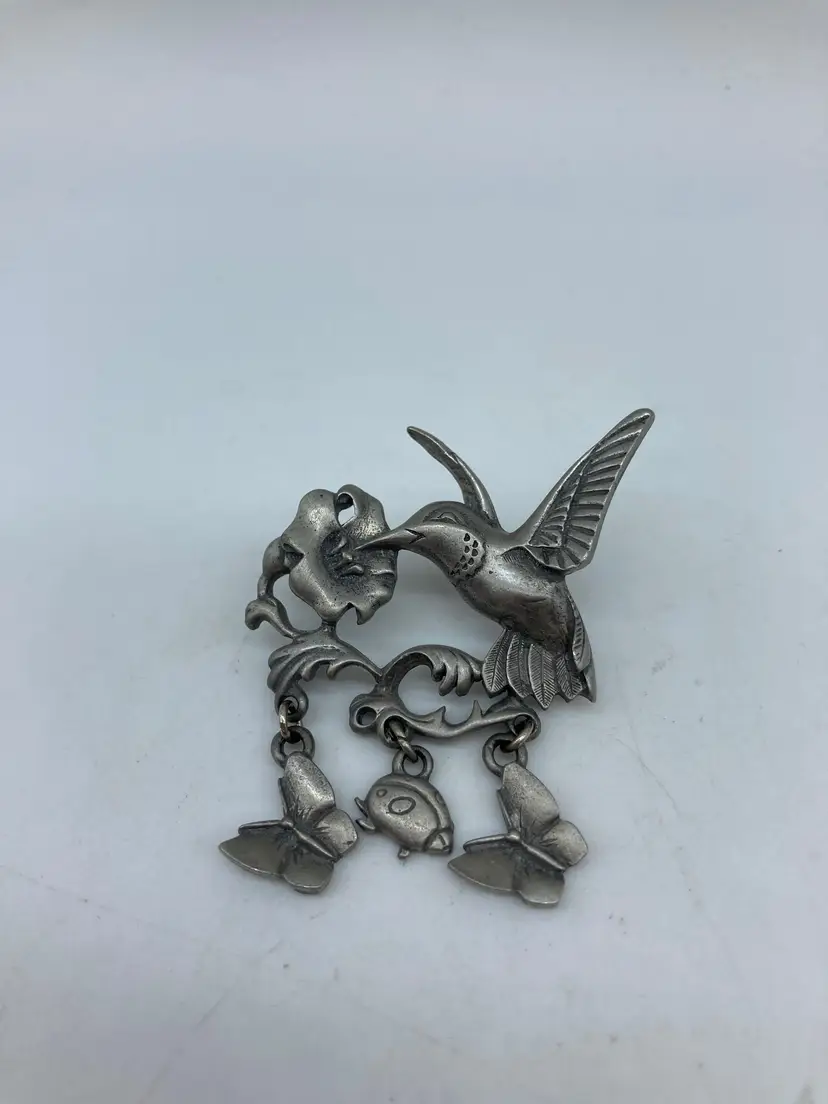 Vtg Hummingbird Pin Brooch Butterfly Dangle Charms Signed LCD Ladybug Pewter