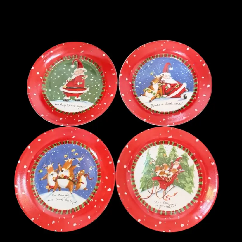 4ct Mud Pie Christmas Plates 8” Salad/Dessert Funny Santa Reindeer Set
