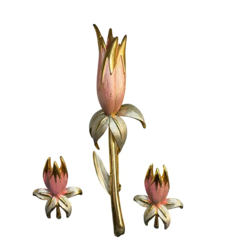 Signed Parklane Pink Rose Bud Pin & Earrings 3” 3/8” & 1”