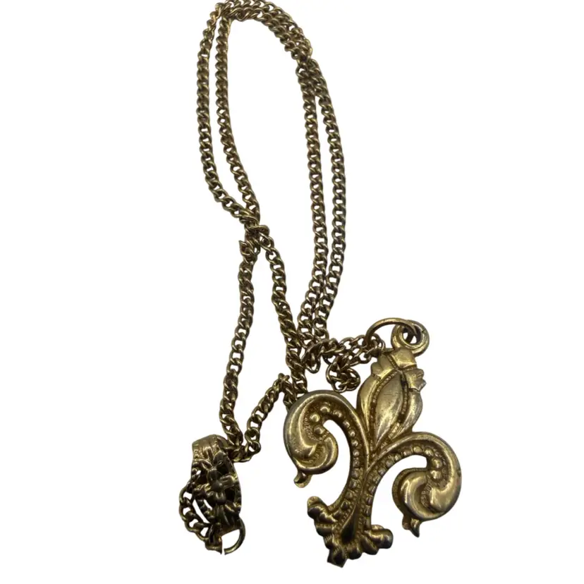 Vintage Gold Fleur De Lis Pendent Necklace-  14 Inches