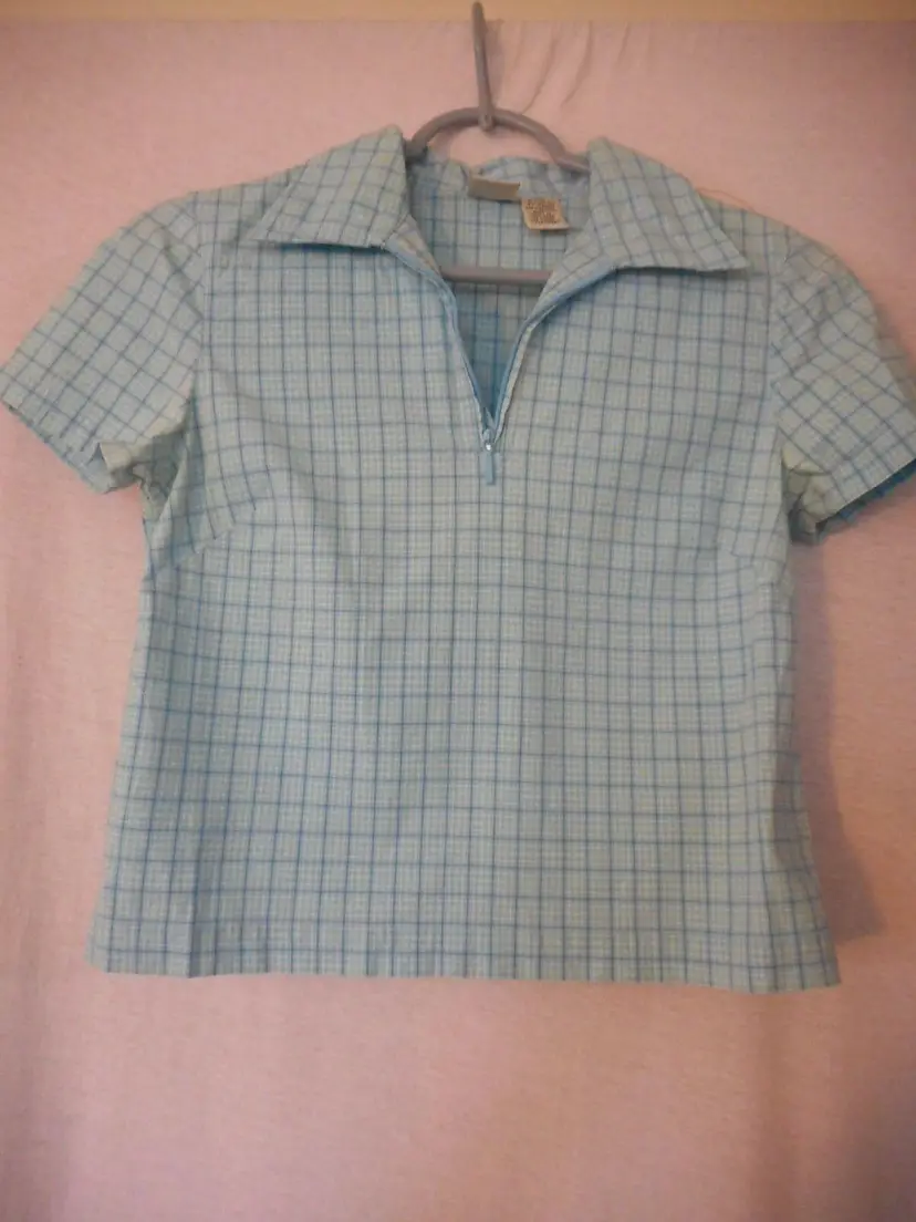 GAP Blue check 1/2 zip short sleeve cotton blend Top Size XS