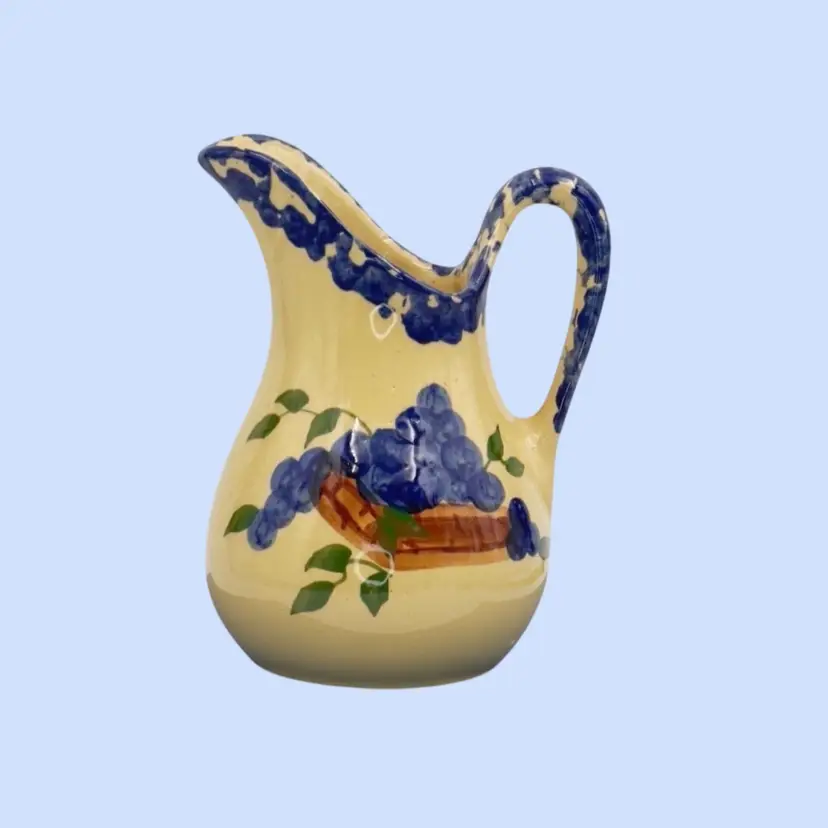 #008- 12oz Pottery Pitcher Juice Milk Creamer Blue Spongeware on Buff Clay Blueberries By Alpine Pottery Ohio 1999
