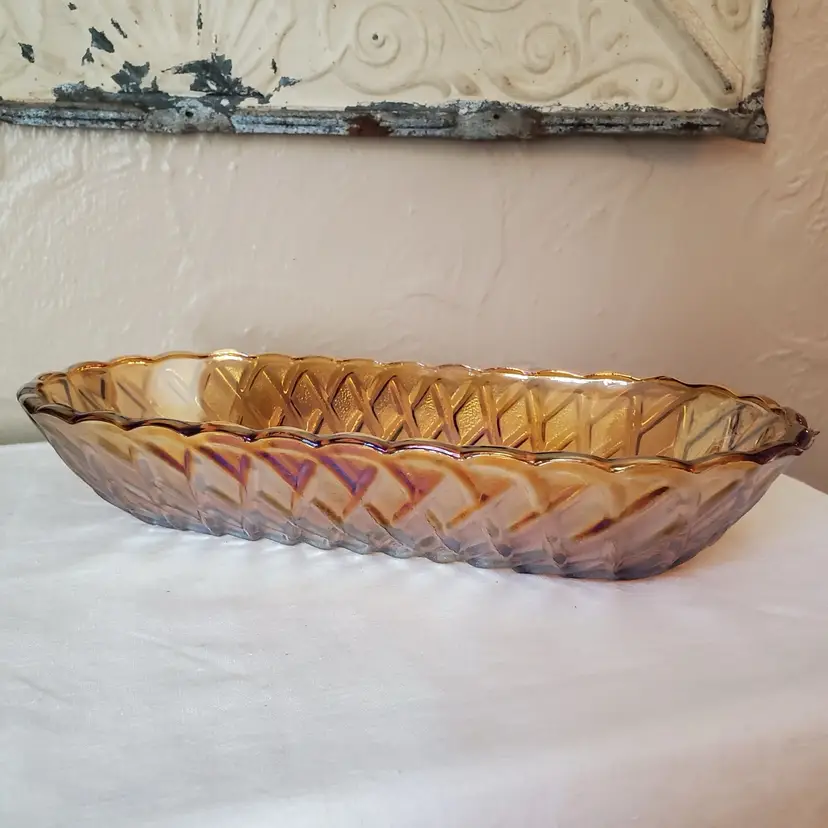 Indiana Glass Basketweave Oval Relish Dish Carnival Glass