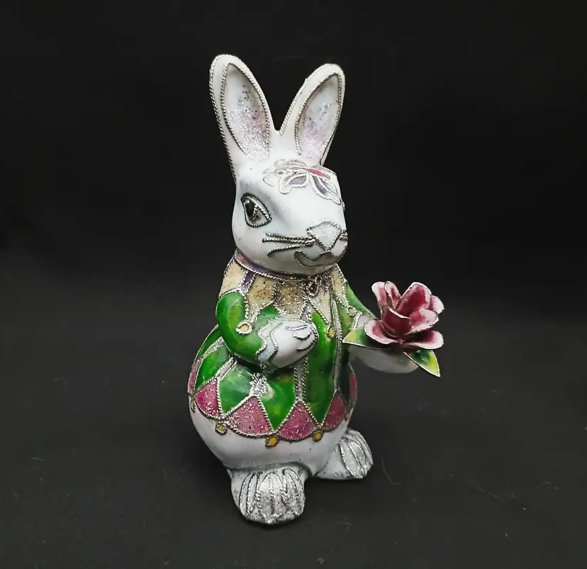 Vintage Copper Enamel Cloisonne Rabbit ~ Unique Bunny Holding Flower ~ NYCO