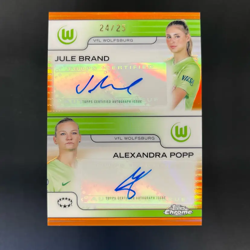 Jule Brand & Alexandra Popp 2024/25 Topps Chrome UWCL Dual Autograph Orange /25 Wolfsburg Soccer Card