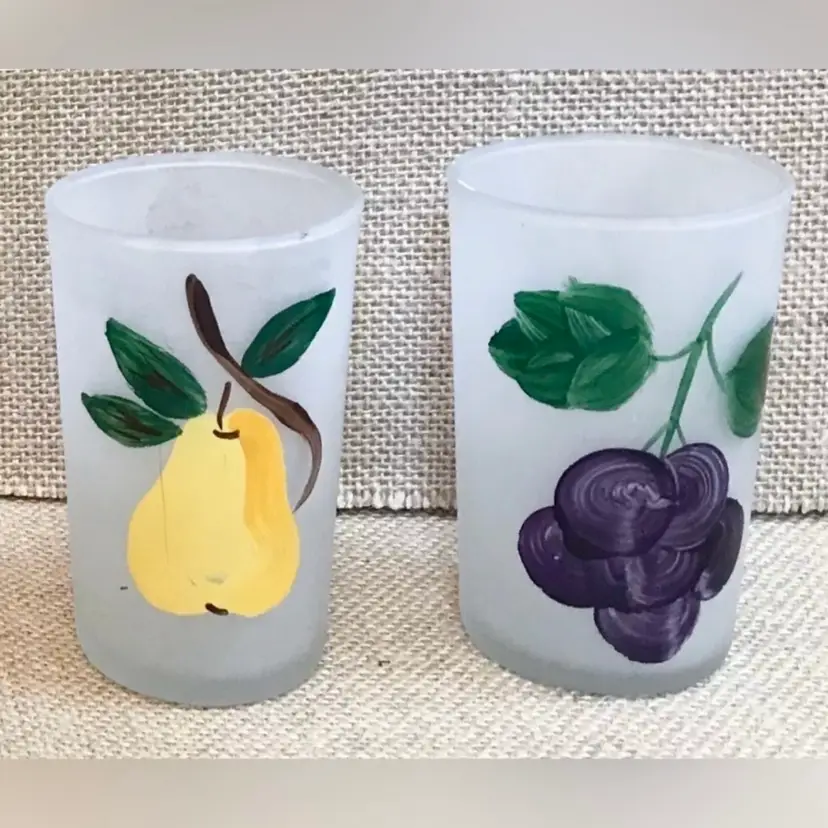 Vintage Frosted Juice Glass Set with Hand Painted Fruit Breakfast Drinkware