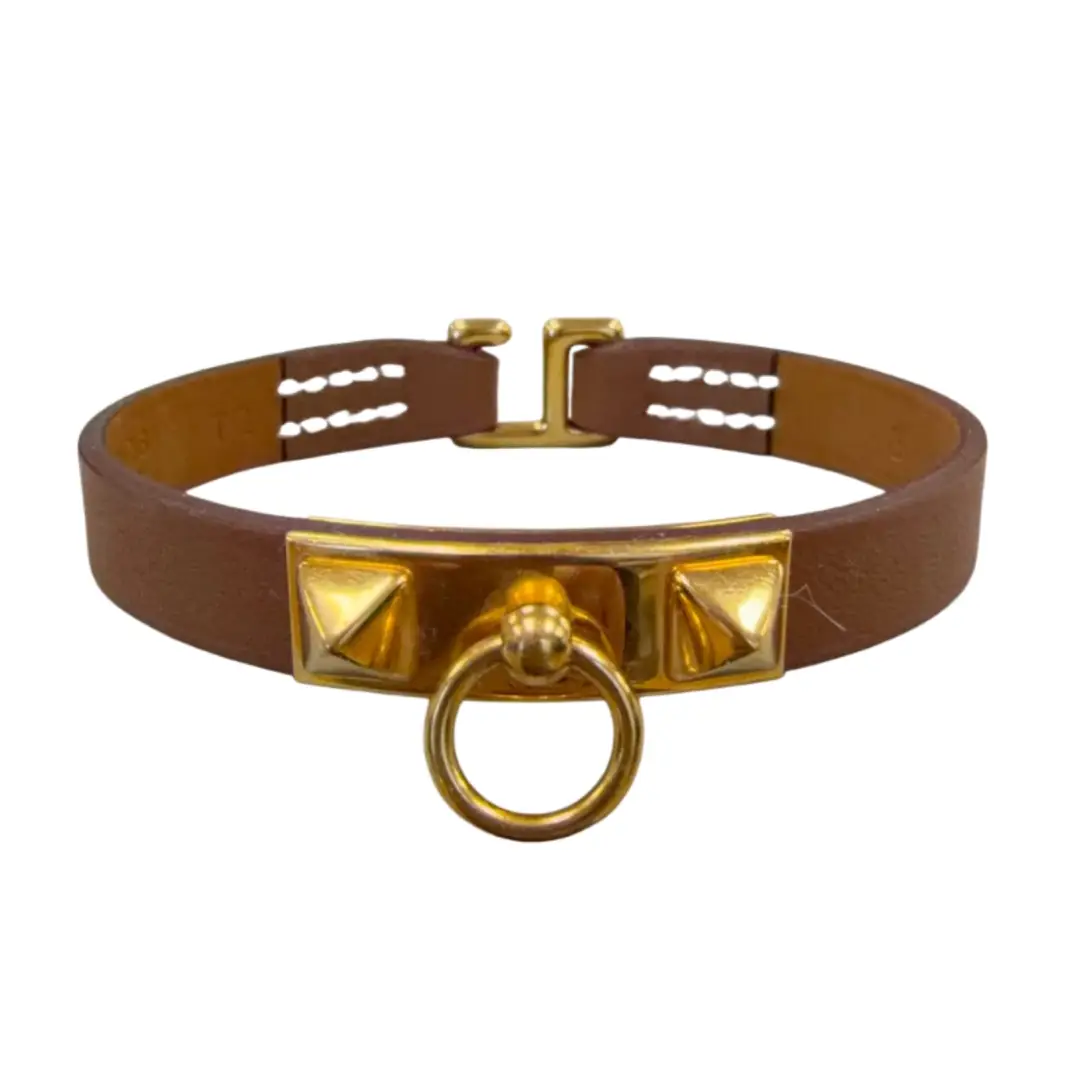 Hermes Brown Leather & Gold  Rivale Mini Bracelet T2