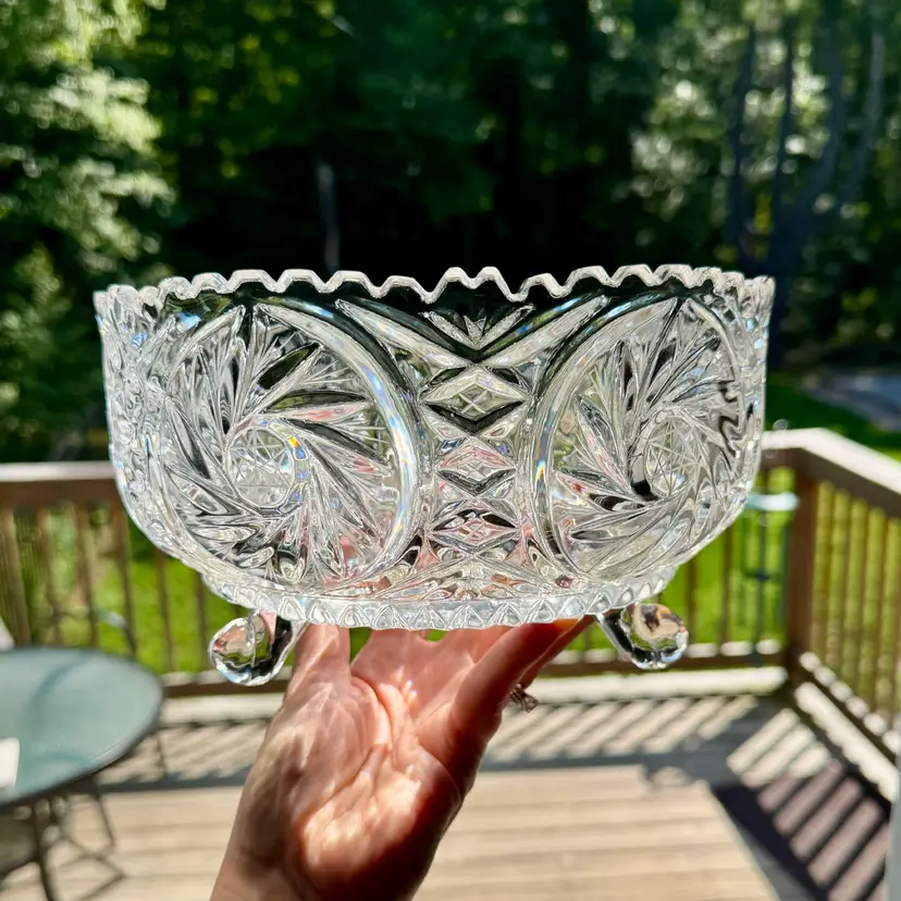 🎀 Vtg Pinwheel Cut Crystal Footed Bowl