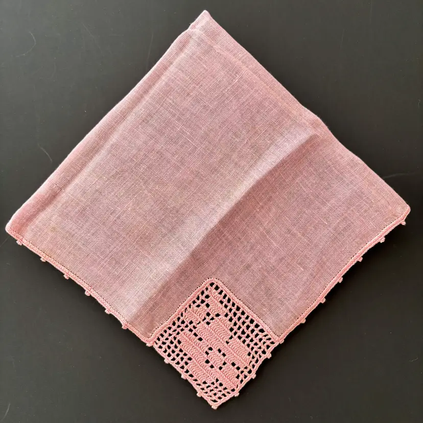 Heirloom Pink Linen Bridesmaid Handkerchief Wedding Cottage Vintage Crochet Dainty