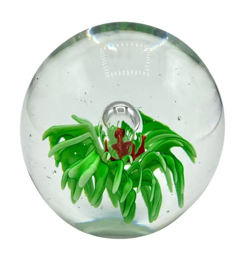 Dynasty Gallery Art Glass Round Paperweight Green Red Flower Controlled Bubble