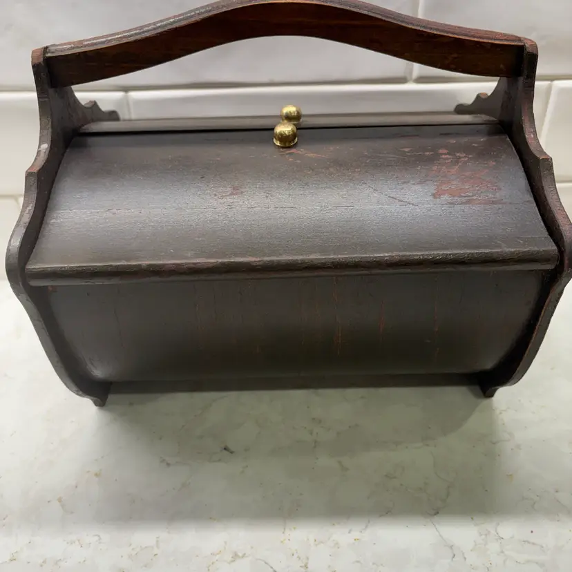 Vtg Wooden Sewing Box Caddy - Dome Lid Brass Knobs Handle Spool Holder - 1940s
