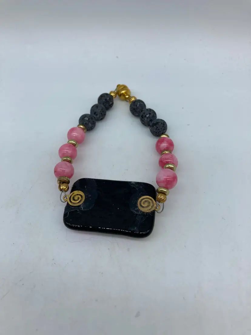 rectangular pink and black dichroic fused-glass on beads