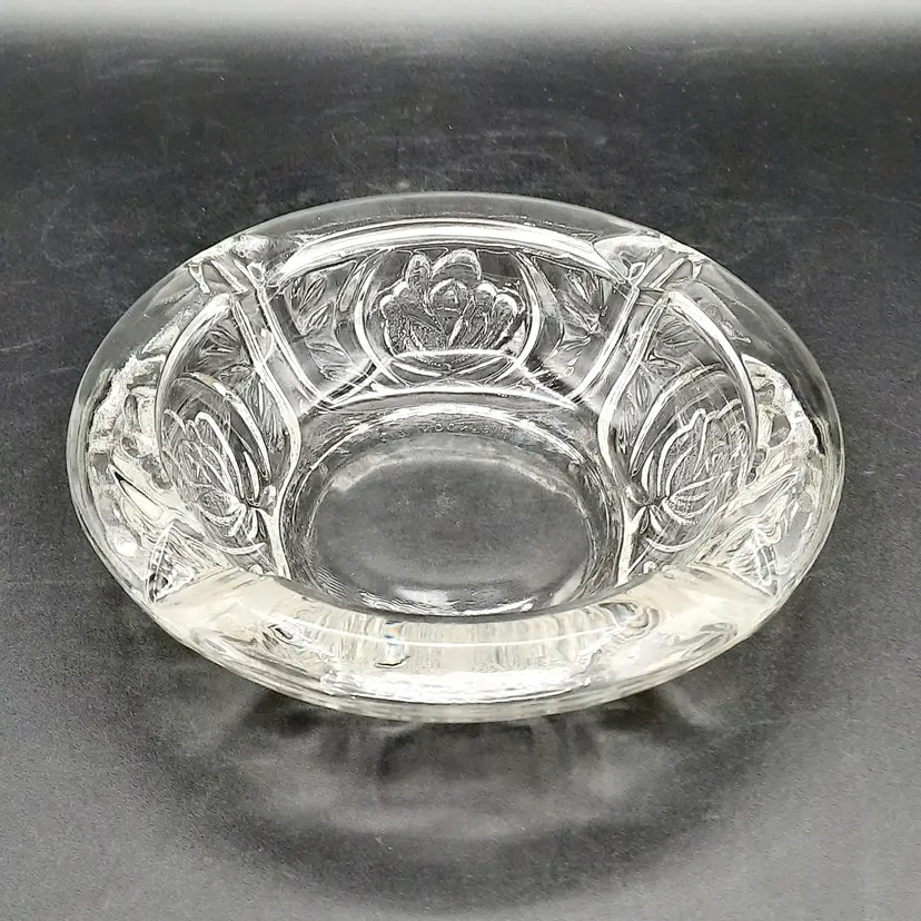 Vintage Kig Indonesia Clear Glass Embossed Rose Design Ashtray Trinket Dish