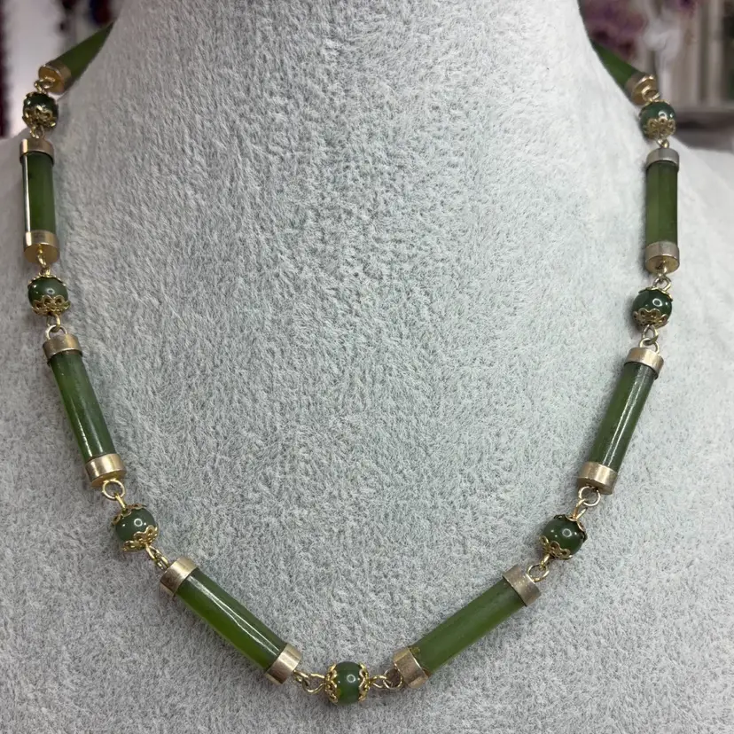 Fab Genuine Jade Tube And Round Beads Gold Filled/Tone. 15 3/4”