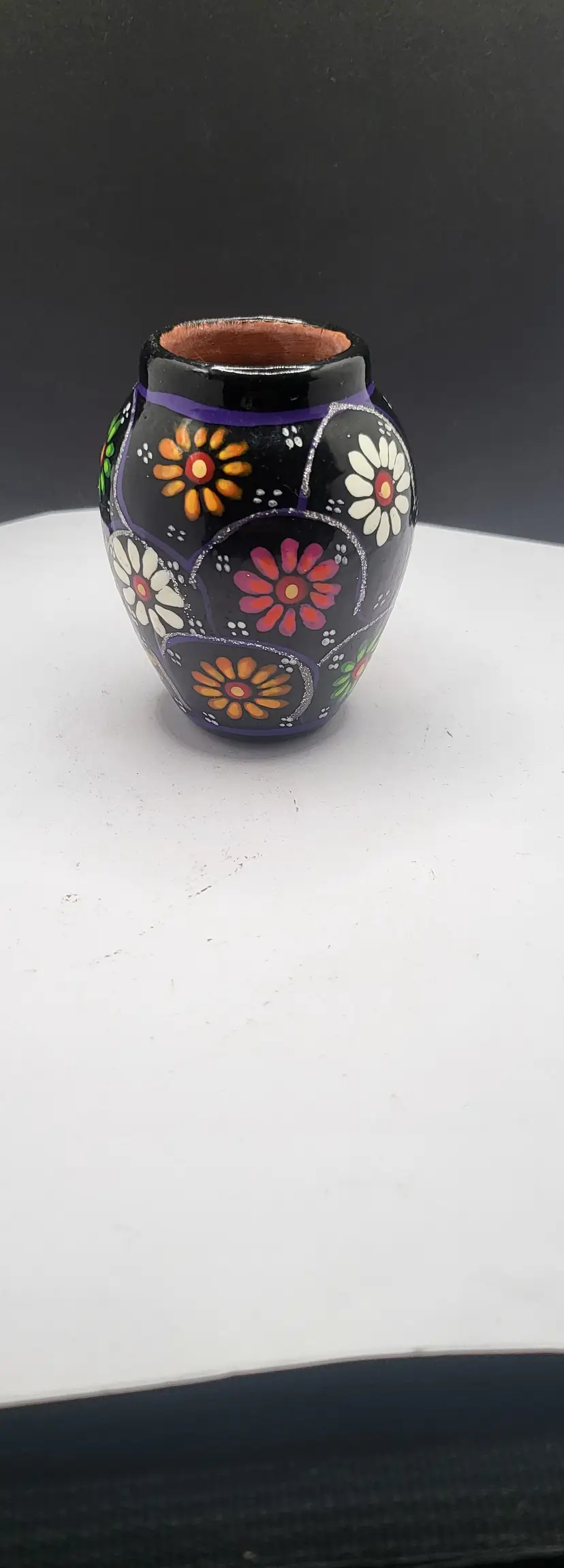 Hand-Painted Redware Floral Mini Vase/ Toothpick Holder 3.5"
